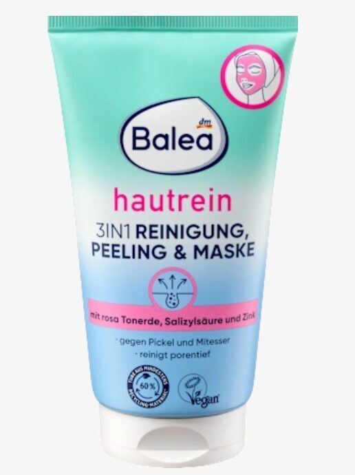 Balea Hautrein pret pūtīšu sejas maska ar skrubi un rozā māliem, 3in1, 150 ml